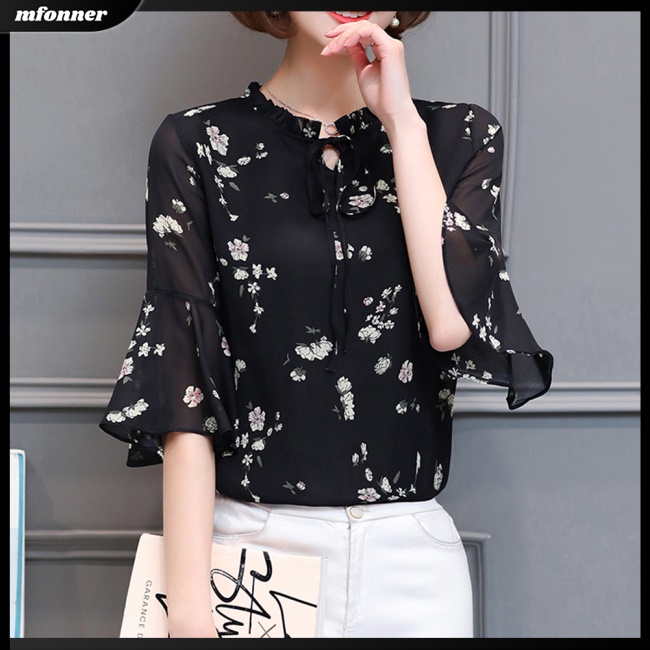 Áo Sơ Mi Chiffon Tay Lỡ Cổ Đứng Dáng Rộng In Họa Tiết Hoa Thanh Lịch Cho Nữ