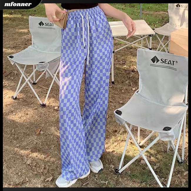 Quần Dài Ống Rộng Lưng Cao Họa Tiết Sọc Caro Thời Trang Cho Nữ