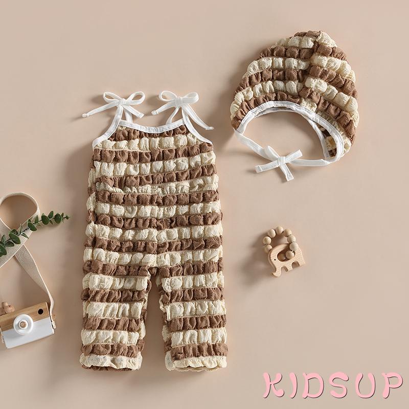 Set Đồ Mùa Hè Gồm Áo Liền Quần Cộc Tay Kẻ Sọc Màu Sắc Tương Phản Có Mũ Cho Bé Trai Và Bé Gái