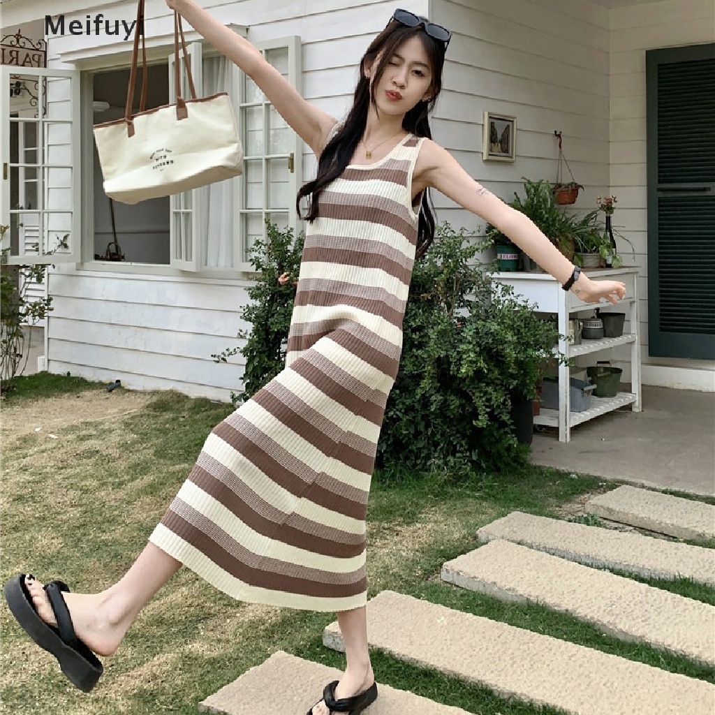 Đầm Maxi Dệt Kim Sát Nách Cổ Tròn Họa Tiết Kẻ Sọc Thời Trang Mùa Hè Cho Nữ