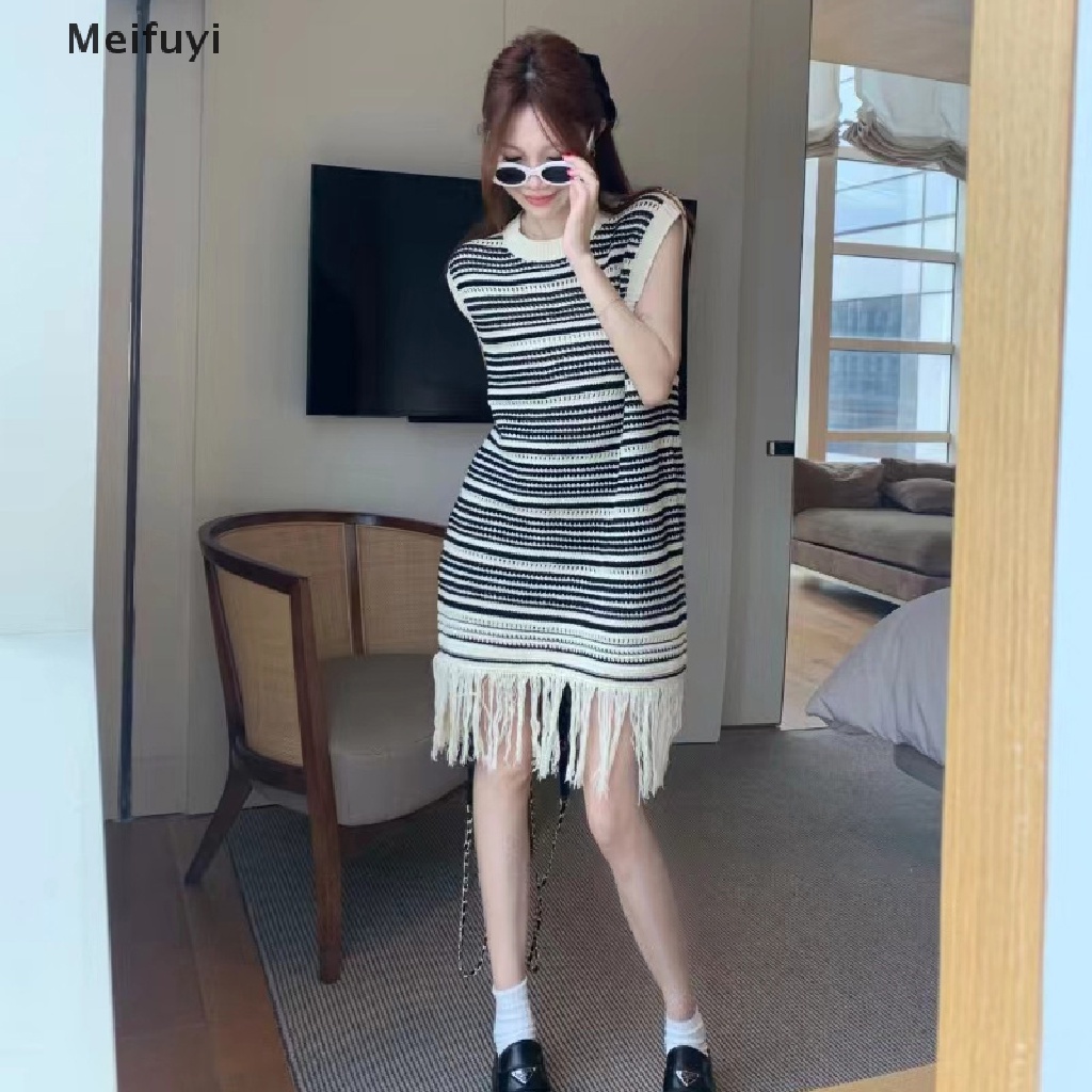 Đầm Dệt Kim Không Tay Dáng Rộng Họa Tiết Kẻ Sọc Phối Tua Rua Phong Cách Hàn Quốc Thời Trang Mùa Hè Cho Nữ