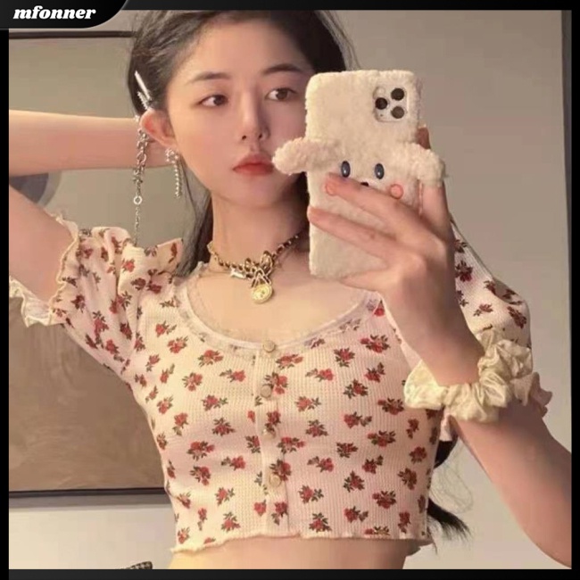 Áo Croptop Cổ Vuông Tay Phồng In Họa Tiết Hoa Phong Cách Retro Cho Nữ