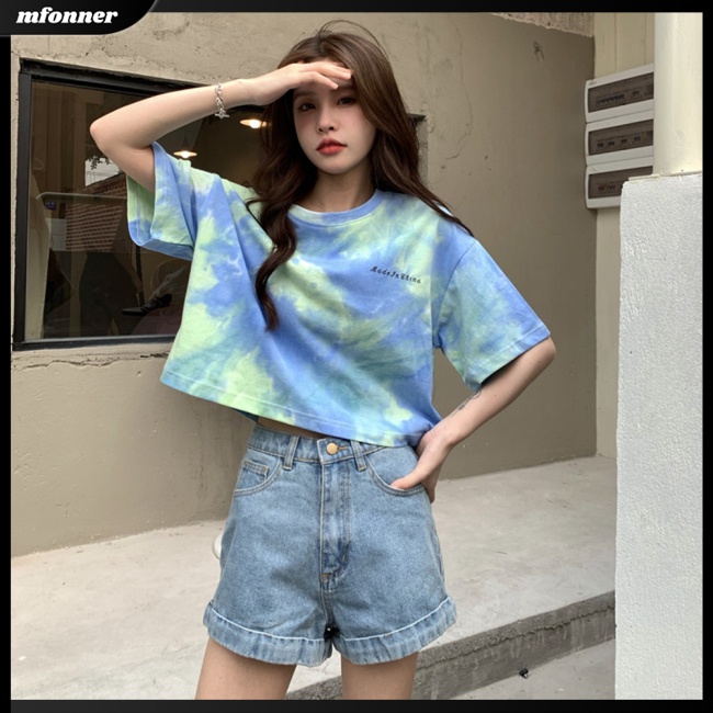 Áo Thun Croptop Tay Ngắn Nhuộm Màu Tương Phản Dáng Rộng Thời Trang Cho Nữ