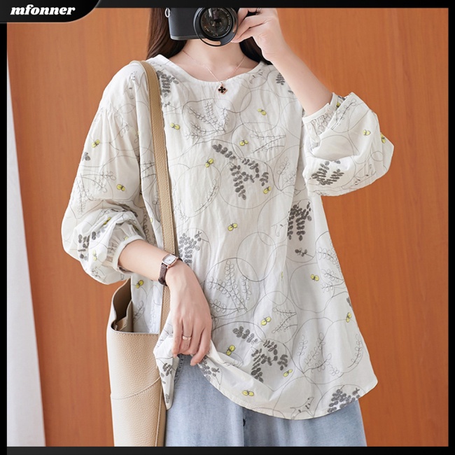 Áo Sơ Mi Cotton Lanh Chui Đầu Cổ Tròn Thêu Họa Tiết Xinh Xắn Thoải Mái Cho Nữ
