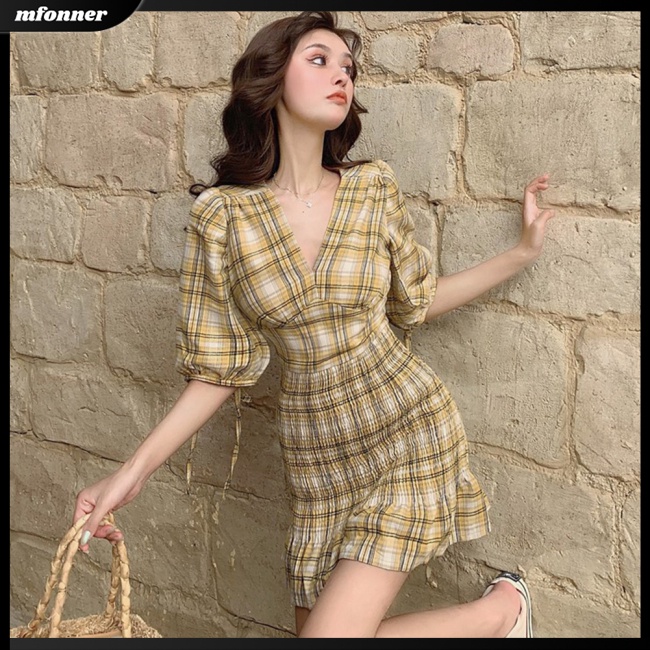 Đầm Voan Tay Phồng Cổ Chữ V Lưng Cao Họa Tiết Kẻ Sọc Thời Trang Cho Nữ