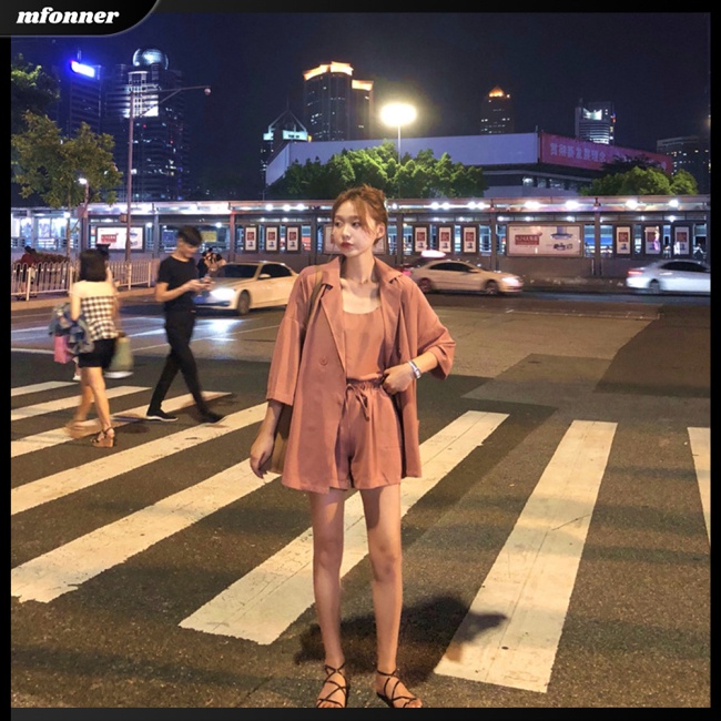 Set Đồ 3 Món Áo Hai Dây + Áo Khoác + Quần Ngắn Lưng Cao Màu Trơn Thời Trang Cho Nữ