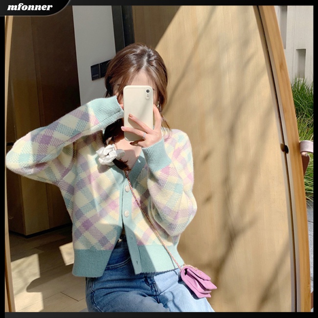 Áo Khoác Cardigan Dệt Kim Cổ Chữ V Họa Tiết Hình Thoi Màu Sắc Tươi Tắn Cho Nữ