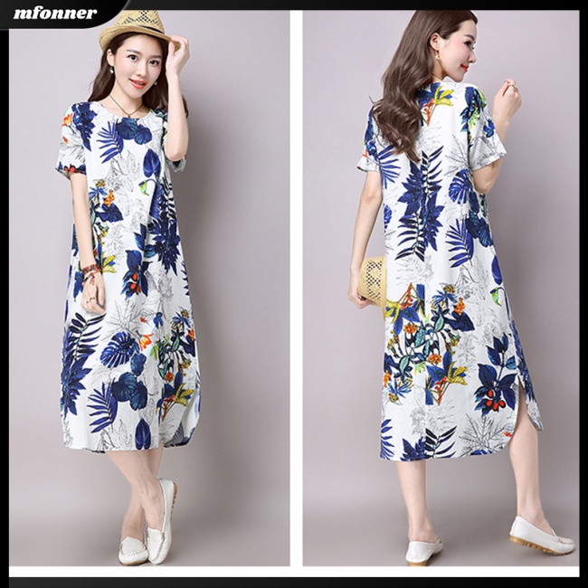 Đầm Cotton Pha Dáng Rộng Cổ Tròn Tay Ngắn In Hoa Xinh Xắn Cho Nữ