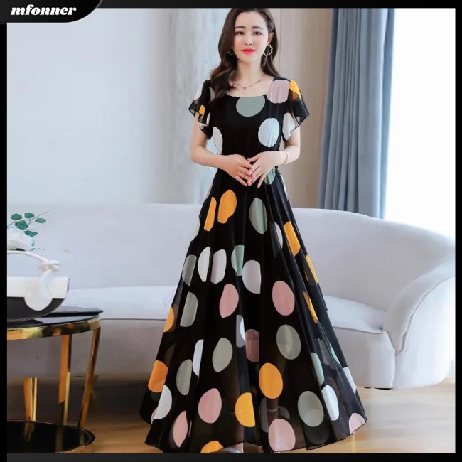 Đầm Dài Dáng Chữ A Tay Loe Cổ Tròn Họa Tiết Chấm Bi Thiết Kế Chiết Eo Nữ Tính