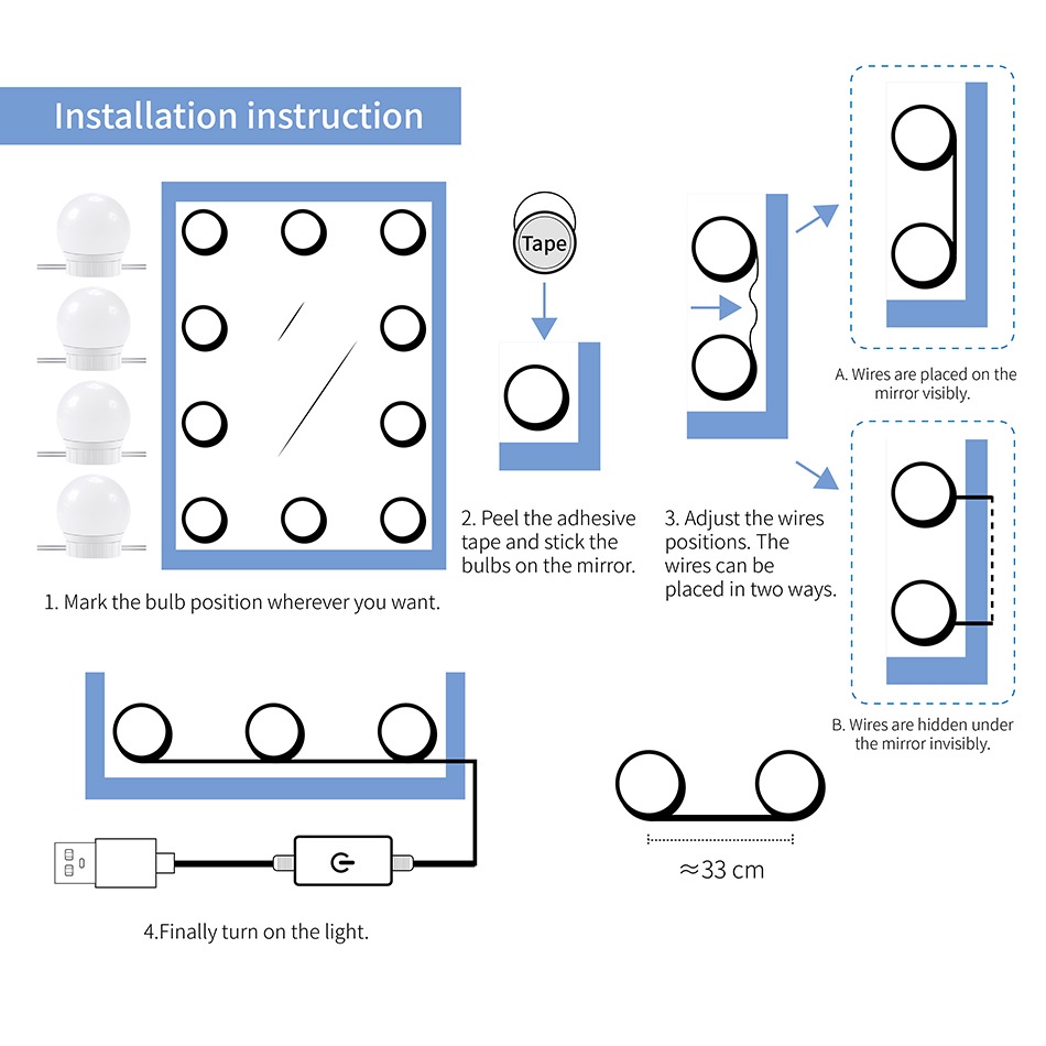 Bóng Đèn Led Gắn Gương Trang Điểm 3 Chế Độ Cảm Ứng Chuyển Động Sạc USB 12V Hollywood