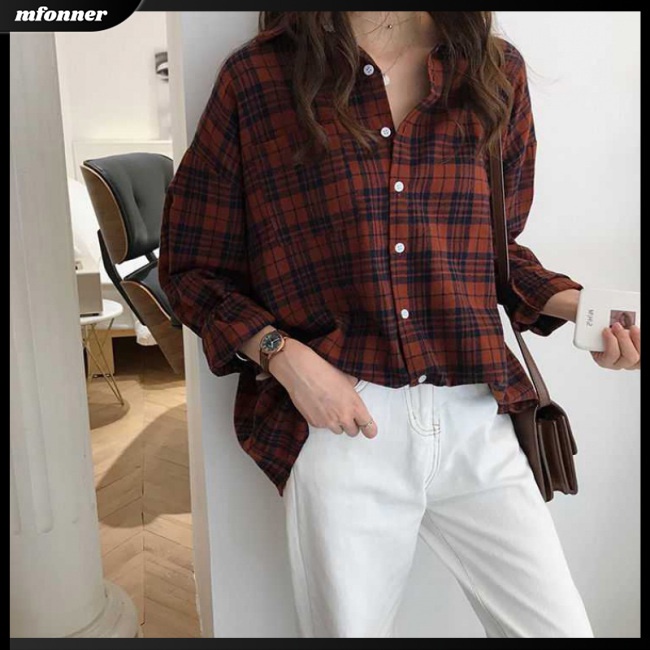 Áo Sơ Mi Nữ Tay Dài Dáng Rộng Họa Tiết Caro Kiểu Retro