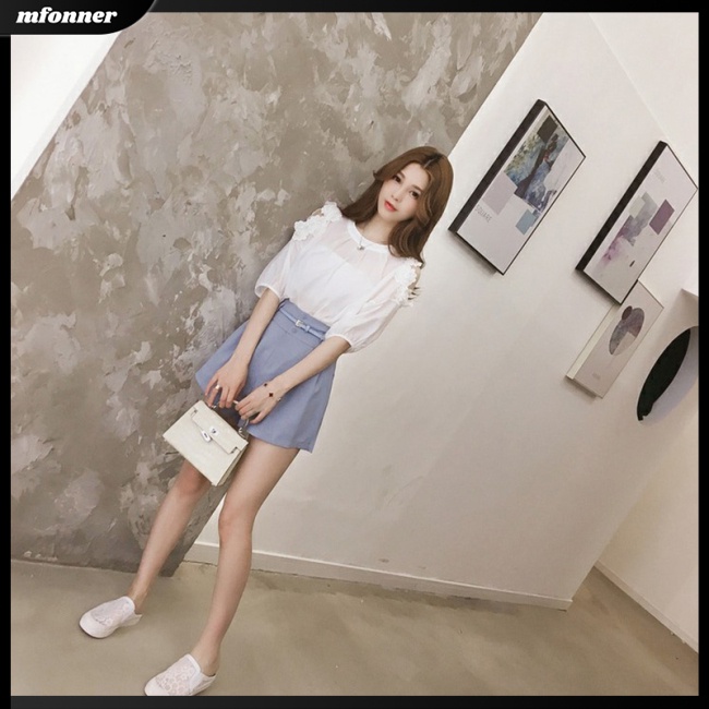 Áo Sơ Mi Chiffon Tay Ngắn Phối Ren Hoa Màu Sắc Trơn Thời Trang Xuân Hè Dành Cho Nữ