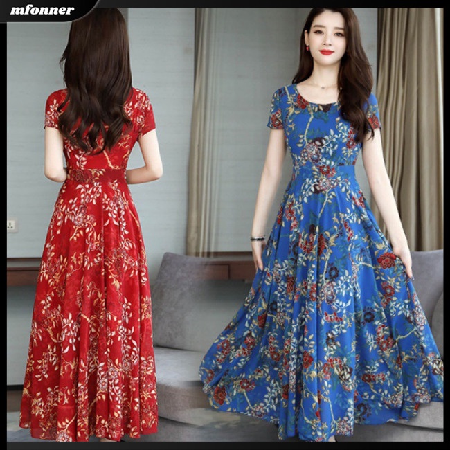 Đầm Dài Dáng Chữ A Tay Ngắn Họa Tiết Hoa Thời Trang Mùa Hè Cho Nữ