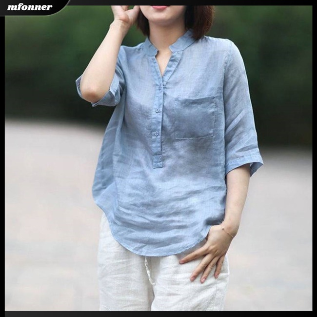 Áo Sơ Mi Cotton Lanh Cổ Đứng Dáng Rộng Tay Lửng Thời Trang Mùa Hè Cho Nữ