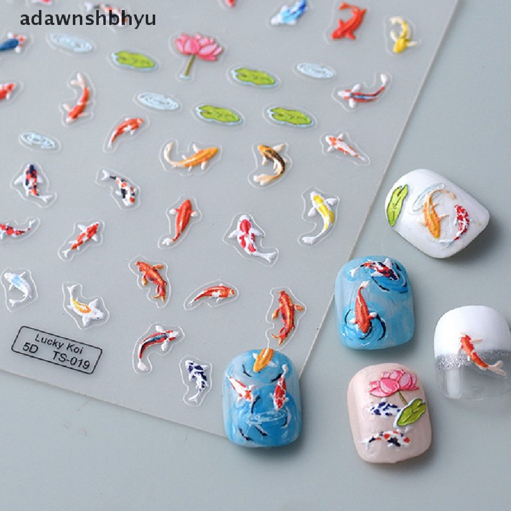 Miếng Dán Trang Trí Móng Tay Họa Tiết Cá Lá Sen 5D Nhiều Màu Sắc