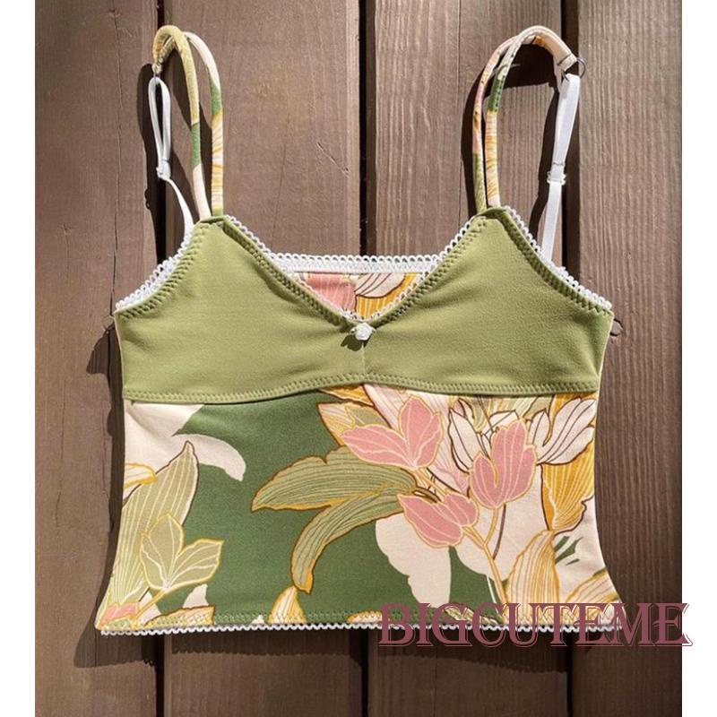 Áo Croptop Hai Dây Phối Ren Hoa y2k Phong Cách Thời Trang Đường Phố 2000s