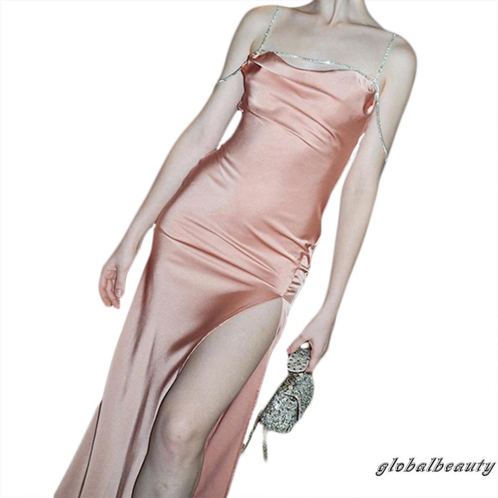 Đầm Hai Dây Vải Satin Xẻ Tà Cao Đính Đá Màu Sắc Đơn Giản Cho Nữ