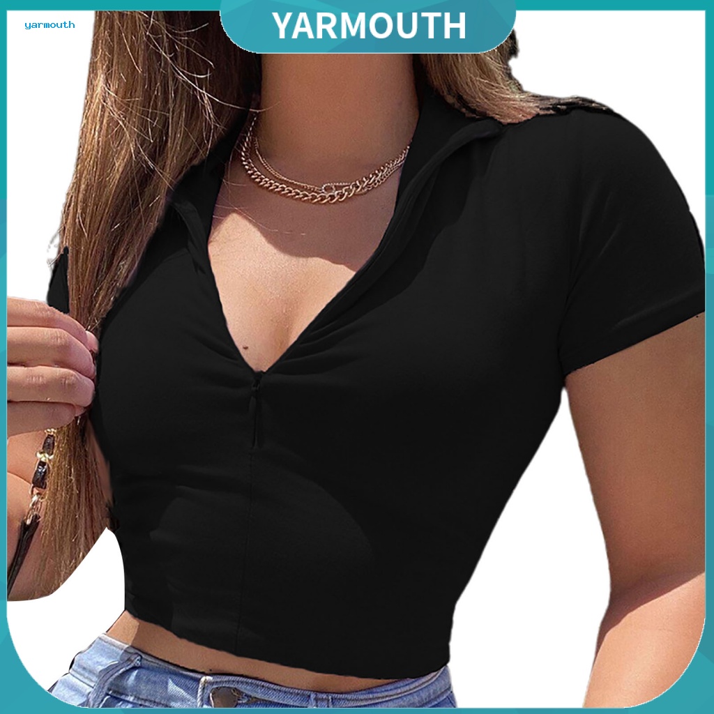 Áo Crop Top Tay Ngắn Cổ Chữ V Khoét Sâu Phối Khóa Kéo Gợi Cảm