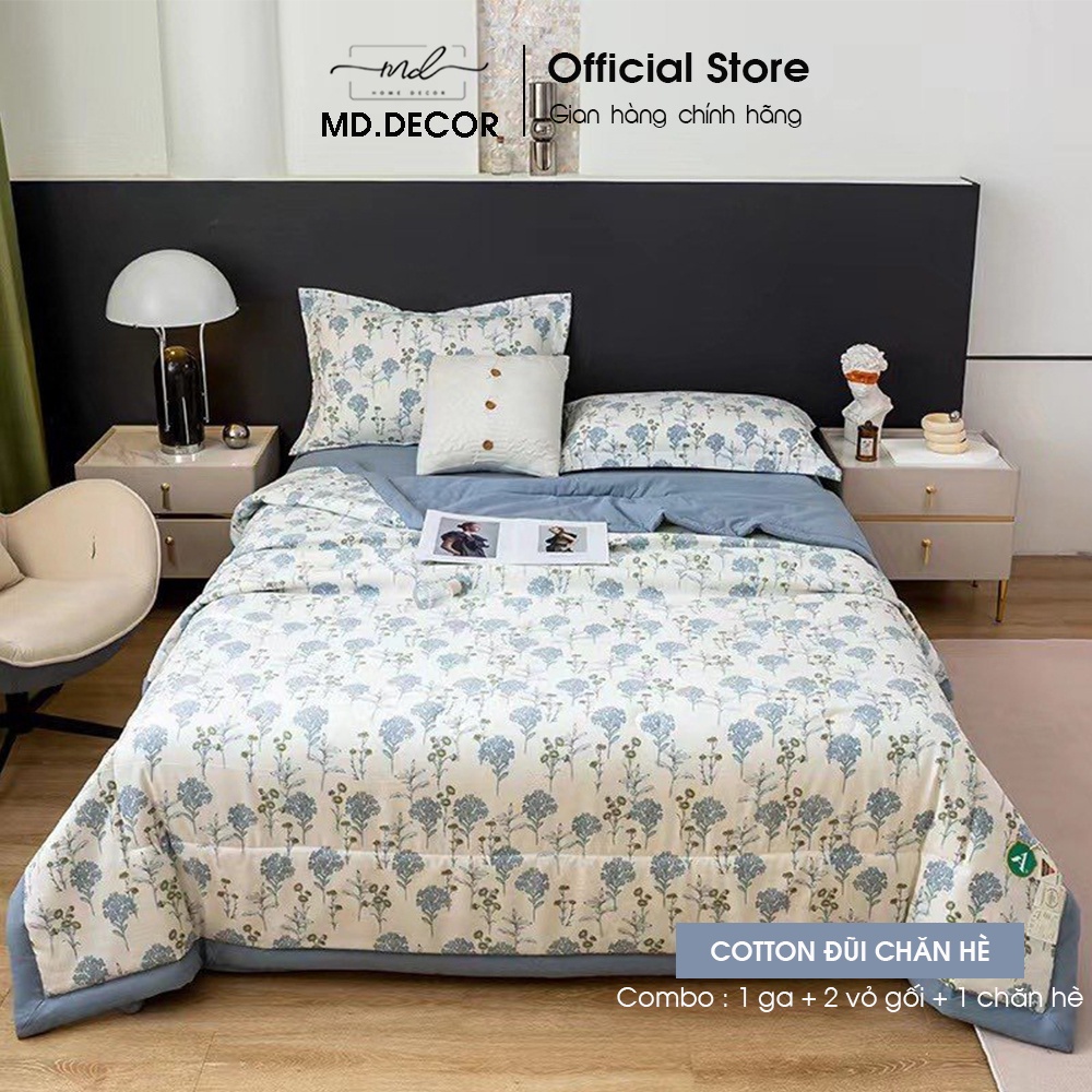 Bộ chăn ga gối Cotton Đũi MD.DECOR - Bedding 4 món chăn hè mềm mát nhiều kích thước drap nệm M4.M6,M8