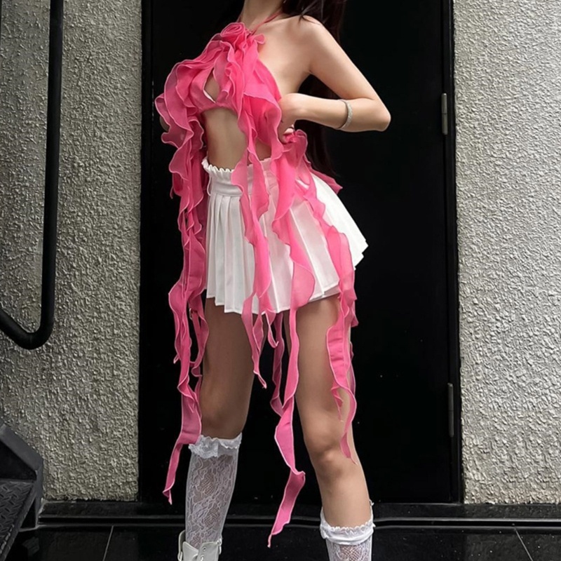 Áo Croptop Cổ Yếm In Hoa 3D Có Tua Rua Thời Trang Cho Nữ