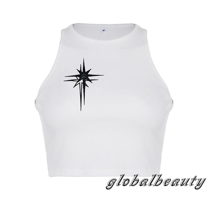 Áo Croptop Sát Nách Cổ Tròn Dáng Ôm Thêu Họa Tiết Ngôi Sao Thời Trang Mùa Hè Cho Nữ