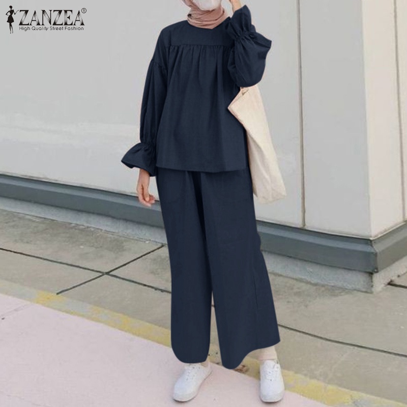 Zanzea Set Áo Kiểu Tay Phồng + Quần Dài Lưng Thun Thời Trang Nữ
