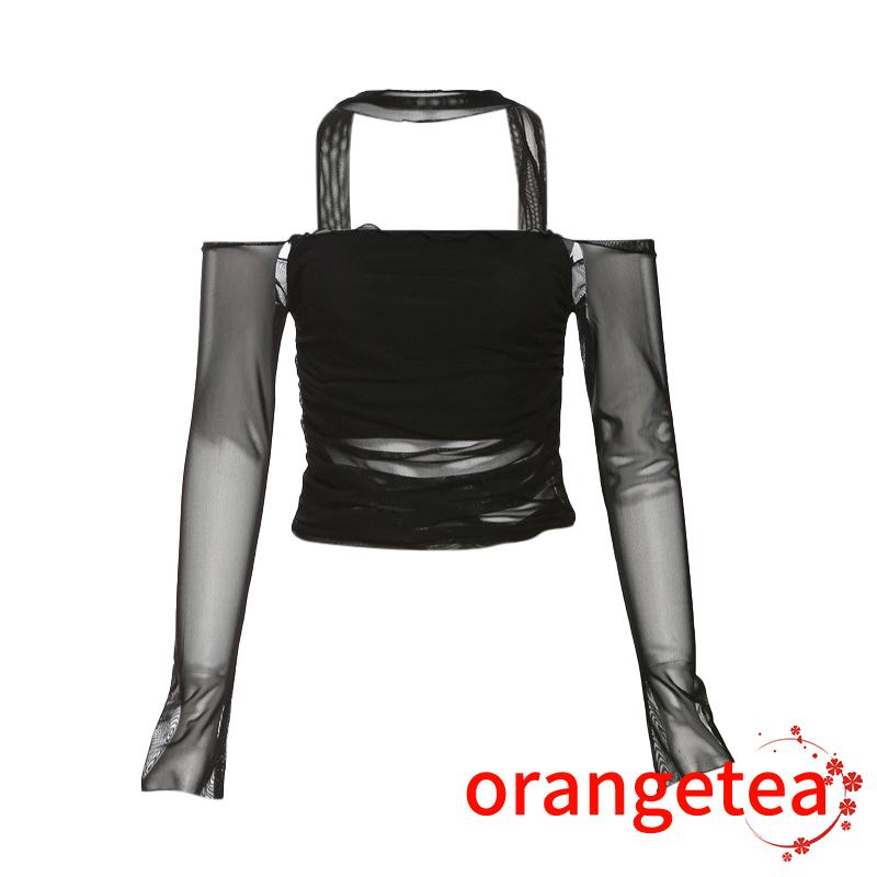 Áo Croptop Trễ Vai Tay Dài Phối Lưới Xuyên Thấu Quyến Rũ