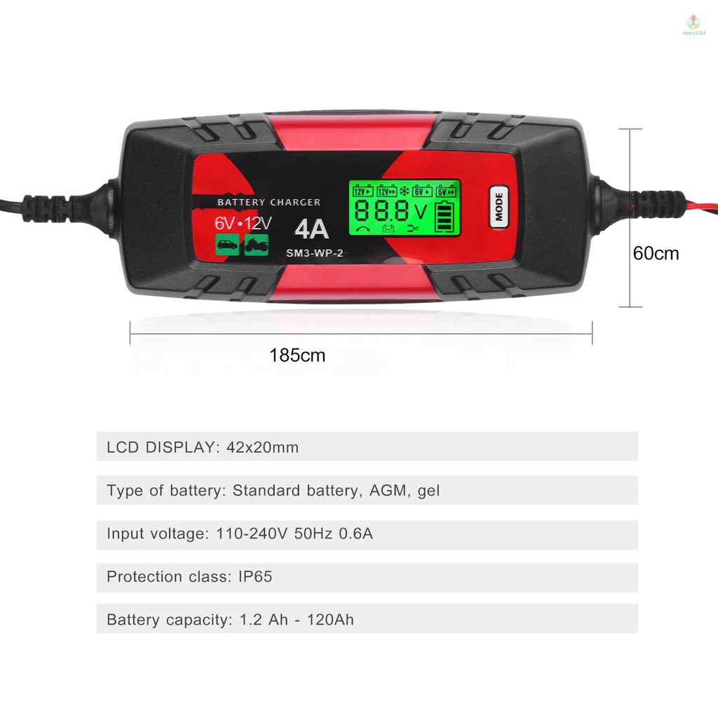 Thiết Bị Sạc Pin Tự Động Thông Minh 6V / 12V 4Amp Với Màn Hình LCD Cho Xe Hơi / Tàu Thuyền / Xe Máy