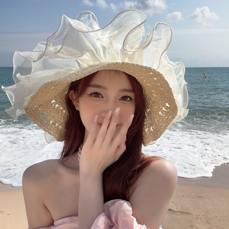 Mũ Cói Chống Nắng Đi Biển Mùa Hè Nhẹ Nhàng Phối Ren Cho Nữ