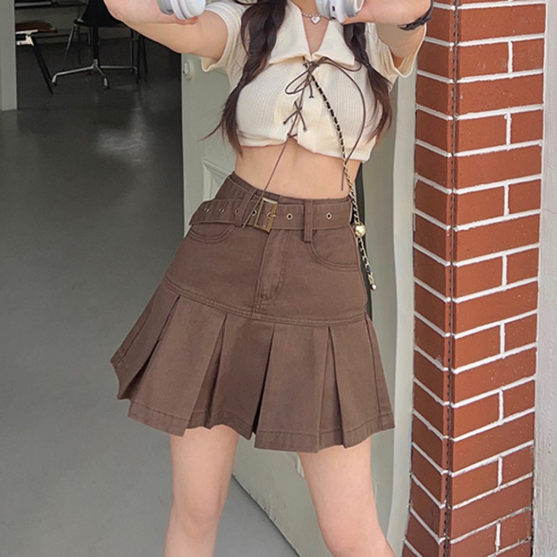 Chân Váy Denim Chữ a Xếp Ly Thời Trang RENJIANVSHENG Mùa Hè Cho Nữ