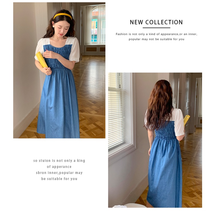 Đầm Midi Denim Phối Màu Xanh Dương Phong Cách Hàn Quốc Thời Trang Mùa Hè Cho Nữ