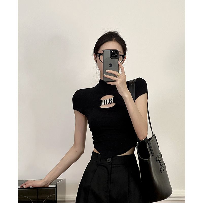 Áo Thun Ngắn Tay Cổ Tròn Hở Vai Ôm Dáng Màu Đen In Chữ Phong Cách Đường Phố Mỹ Ngọt Ngào Mùa Hè
