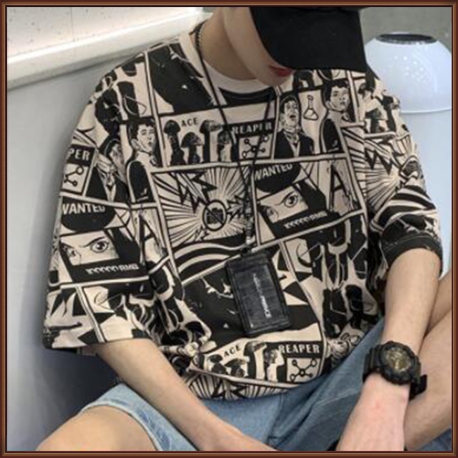 Áo Thun Cổ Tròn Tay Lỡ Dáng Rộng In Hoạt Hình Thời Trang Mùa Hè Cho Nam