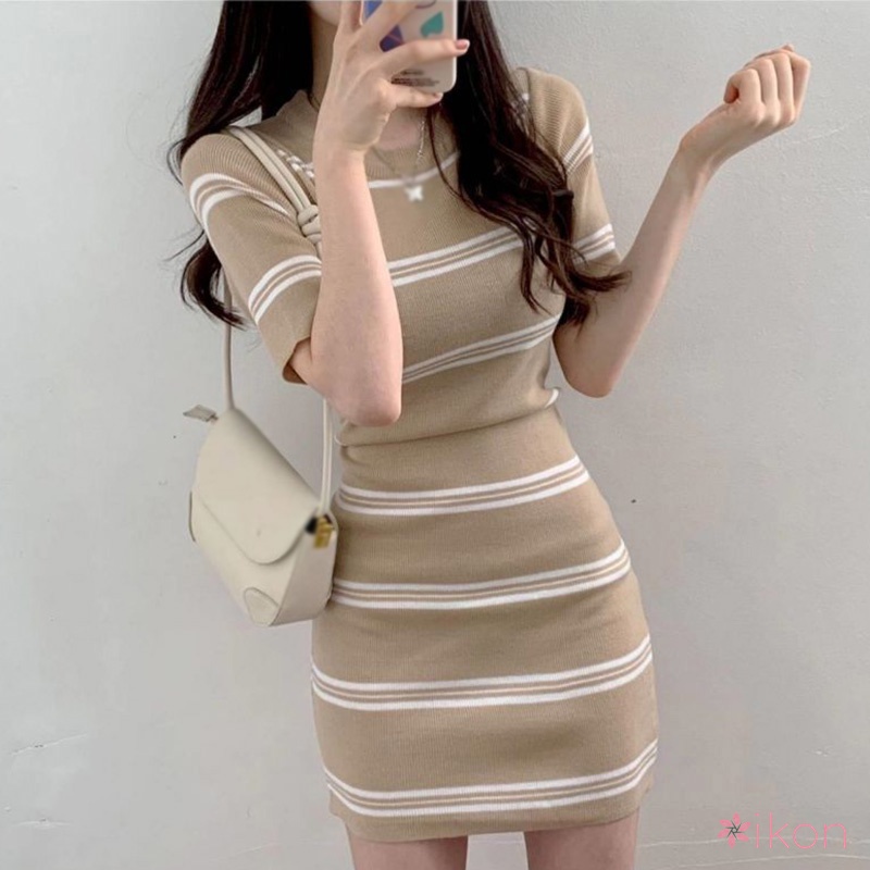 Đầm Dệt Kim Ngắn Ôm Dáng Cổ Tròn Phong Cách Hàn Quốc Cho Nữ