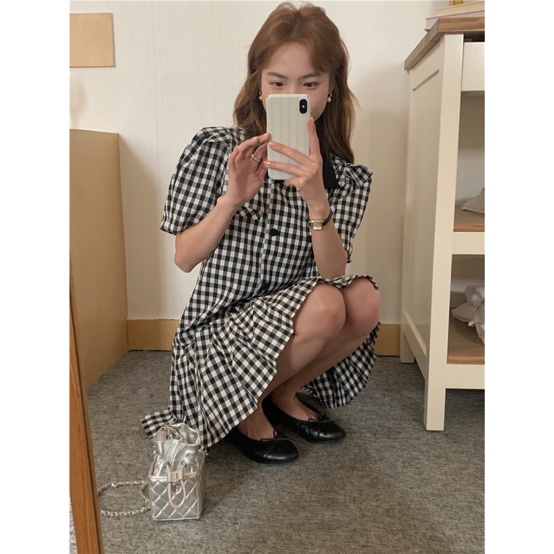 SUXI Đầm Dự Tiệc Phối Họa Tiết Caro Phong Cách Vintage Hàn Quốc Ngọt Ngào Cho Nữ