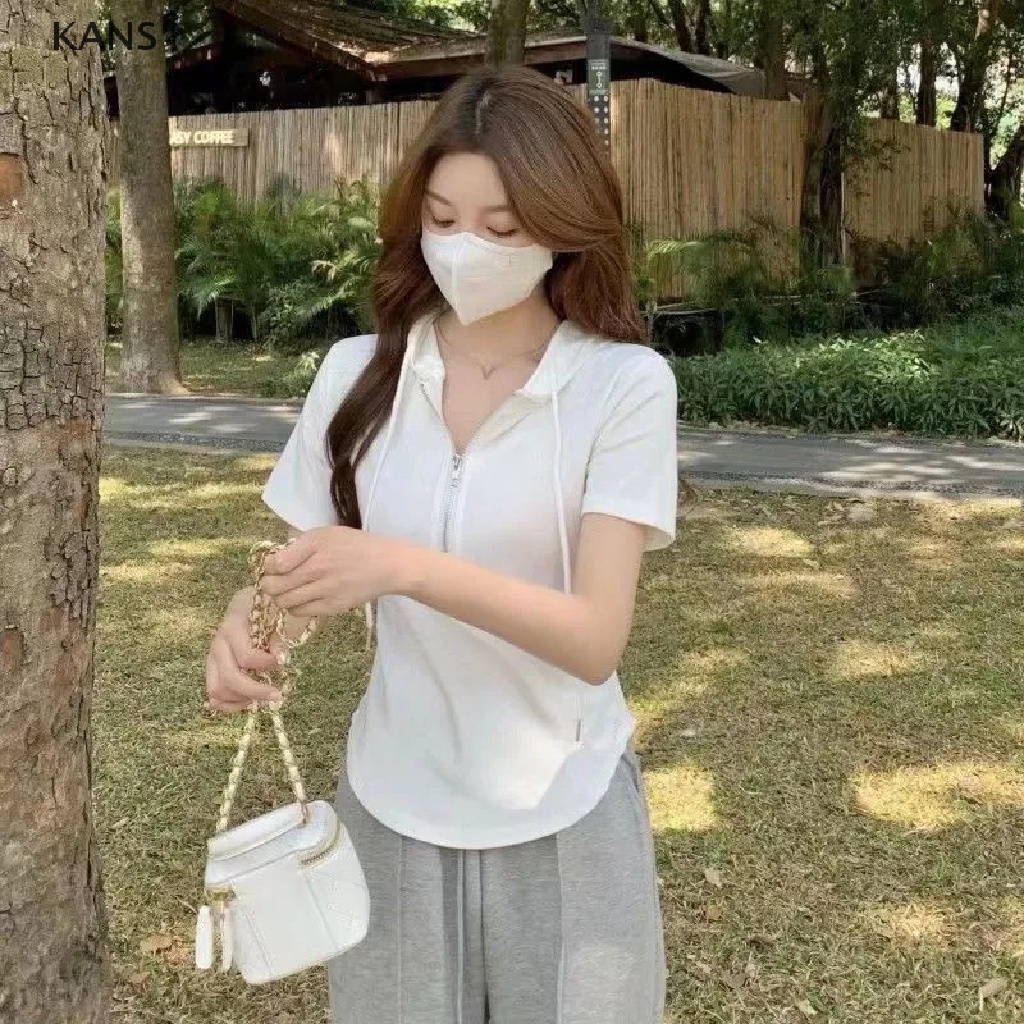 Kans summer zipper có mũ trùm đầu ngắn tay t-shirt nữ màu rắn sang trọng không thường xuyên slim top ns