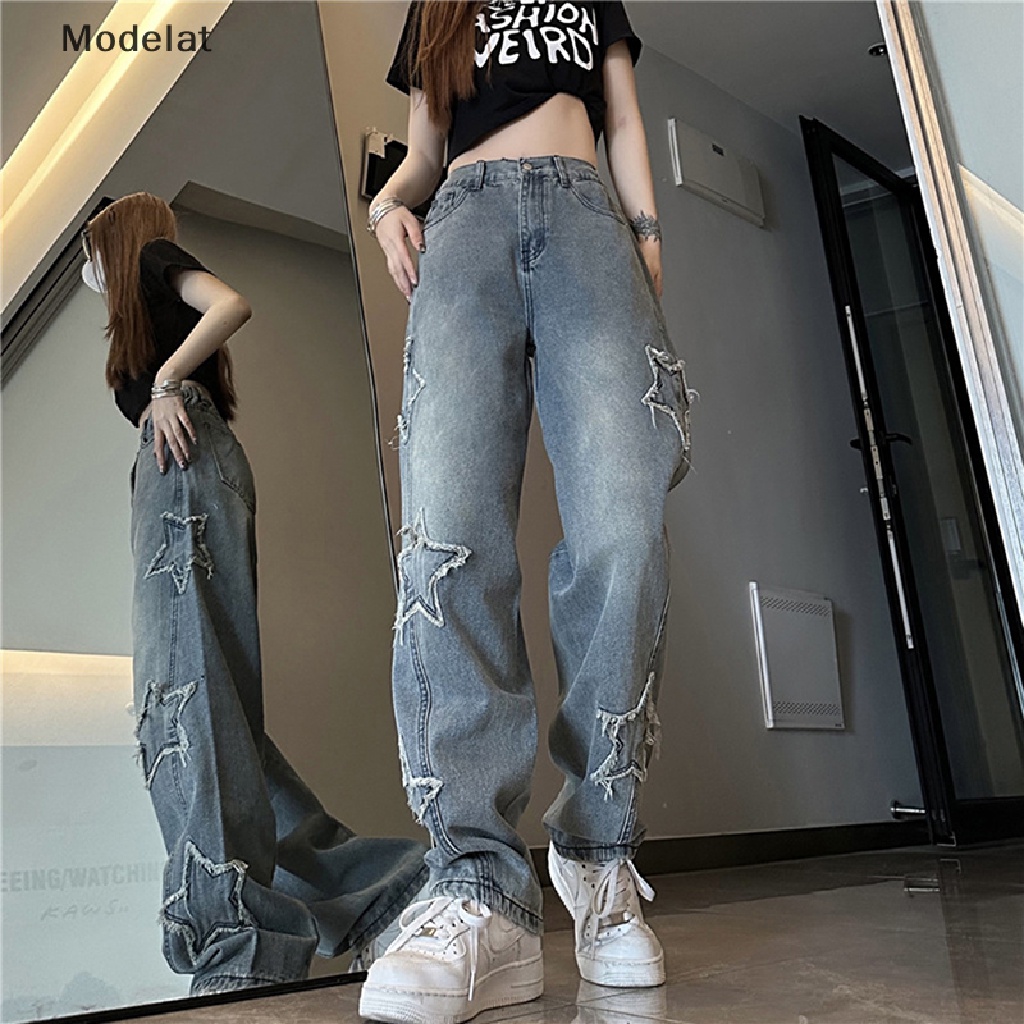 Quần Jean Lưng Cao HìNh Ngôi Sao Xanh Y2k Cá TíNh