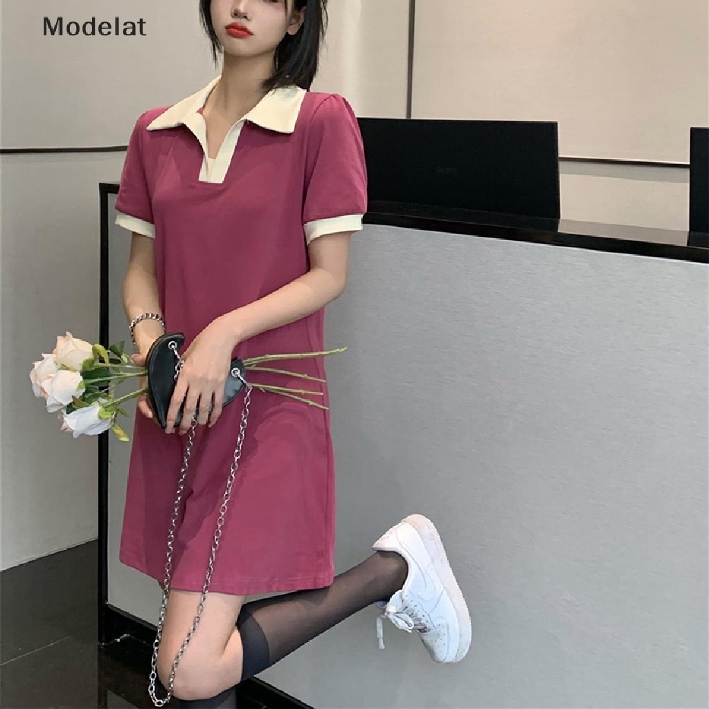 Mfc Đầm Mini Tay Ngắn Cổ Bẻ Màu Tương Phản Thời Trang Dành Cho Nữ