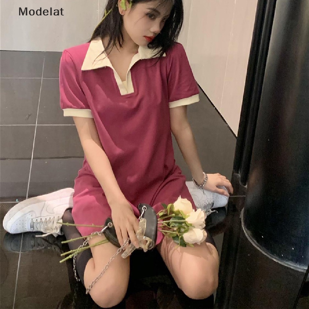 Mfc Đầm Mini Tay Ngắn Cổ Bẻ Màu Tương Phản Thời Trang Dành Cho Nữ