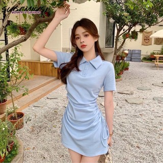 Đầm cổ polo màu trơn thời trang cho nữ 
 đầm dây rút ngắn tay ôm dáng thời trang dành cho nữ