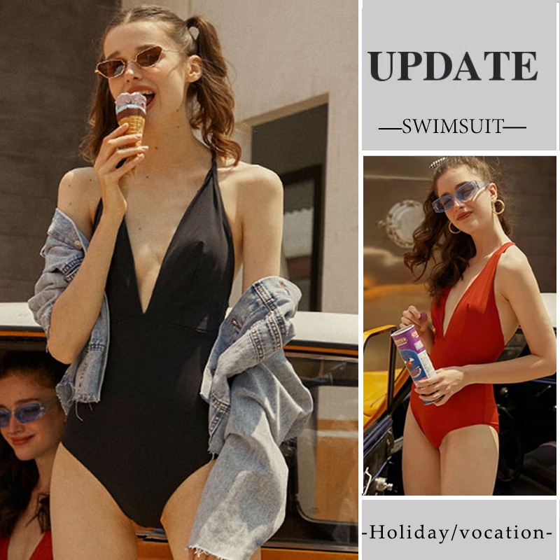 Bộ Bikini Một Mảnh Cổ Chữ V Khoét Sâu Hở Lưng Phong Cách Phương Tây Thời Trang Đi Biển Cho Nữ