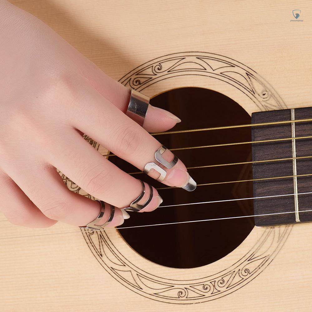 Bộ 4 Móng Tay Giả Bằng Thép Không Gỉ + 1 Cây Gảy Đàn + 3 Móng Gảy Đàn Màu Bạc Dành Cho Guitar Điện / Acoustic