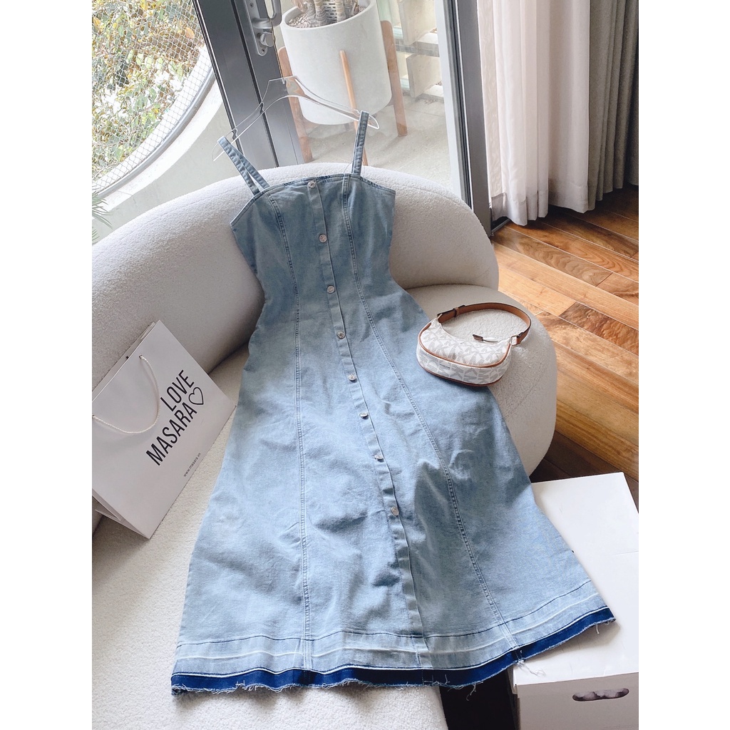 Đầm midi jean 2 dây lai phối tưa