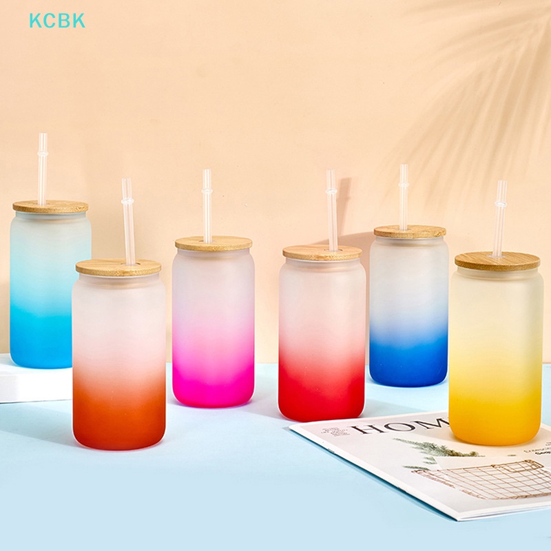 Cốc Thủy Tinh Uống Bia 480ml Có Nắp Bằng Tre Màu Sắc Gradient