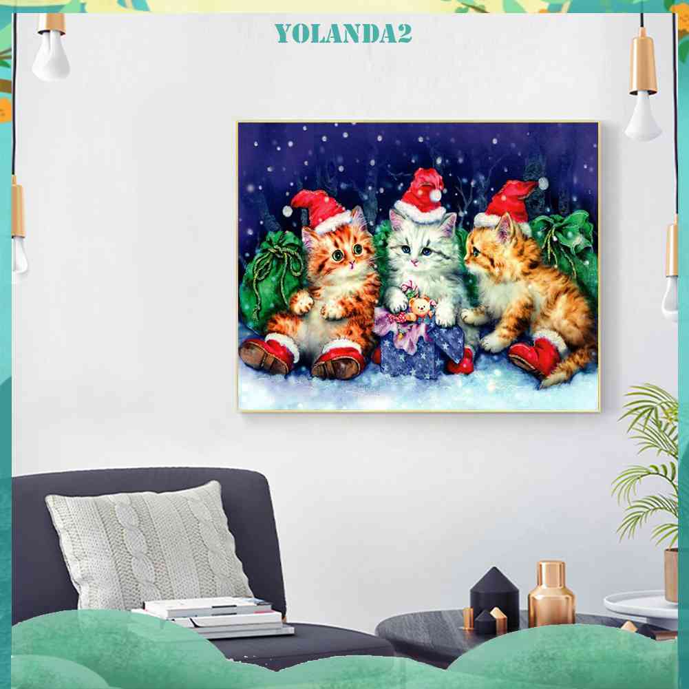 Tranh Đính Đá Kim Cương Toàn Bộ 5D DIY Hình Vẽ Mèo Giáng Sinh
