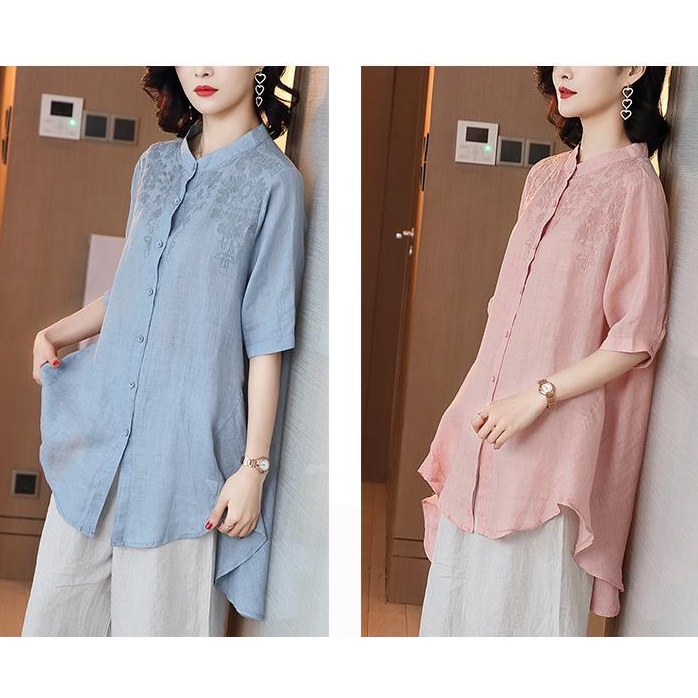 [Jiajiale Đầm Sơ Mi Cotton Lanh Dáng Rộng Lệch Tà Thời Trang Xuân Hè Phong Cách Mới Cho Nữ