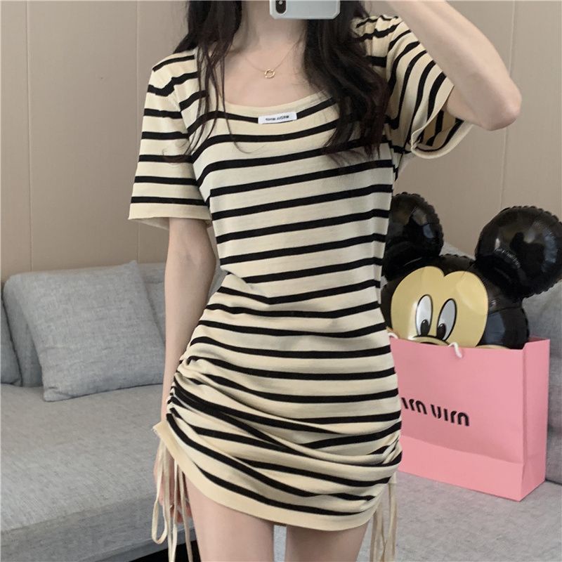 COZOK Đầm Ngắn Tay Cổ Vuông Phối Dây Rút Thời Trang Hàn Quốc