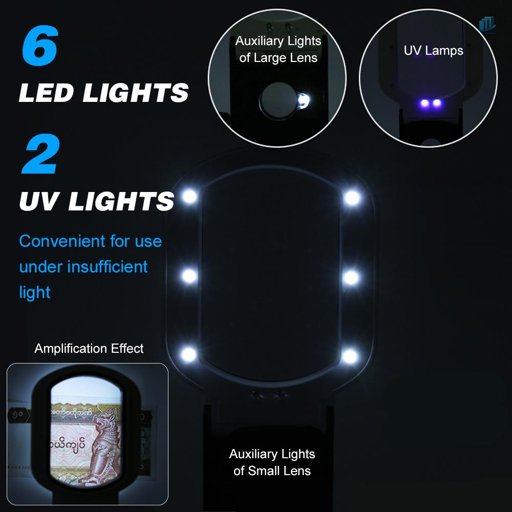 Kính Lúp Cầm Tay 10X / 25X Có Thể Gập Lại Đa Năng Kèm 6 Đèn LED 2 Tia UV