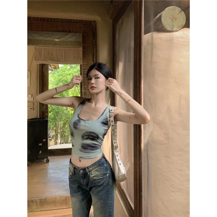 [F &amp; X] Áo Hai Dây Cổ Chữ u Nhuộm Màu Phong Cách Hồng Kông Ngọt Ngào Thời Trang Mùa Hè Cho Nữ