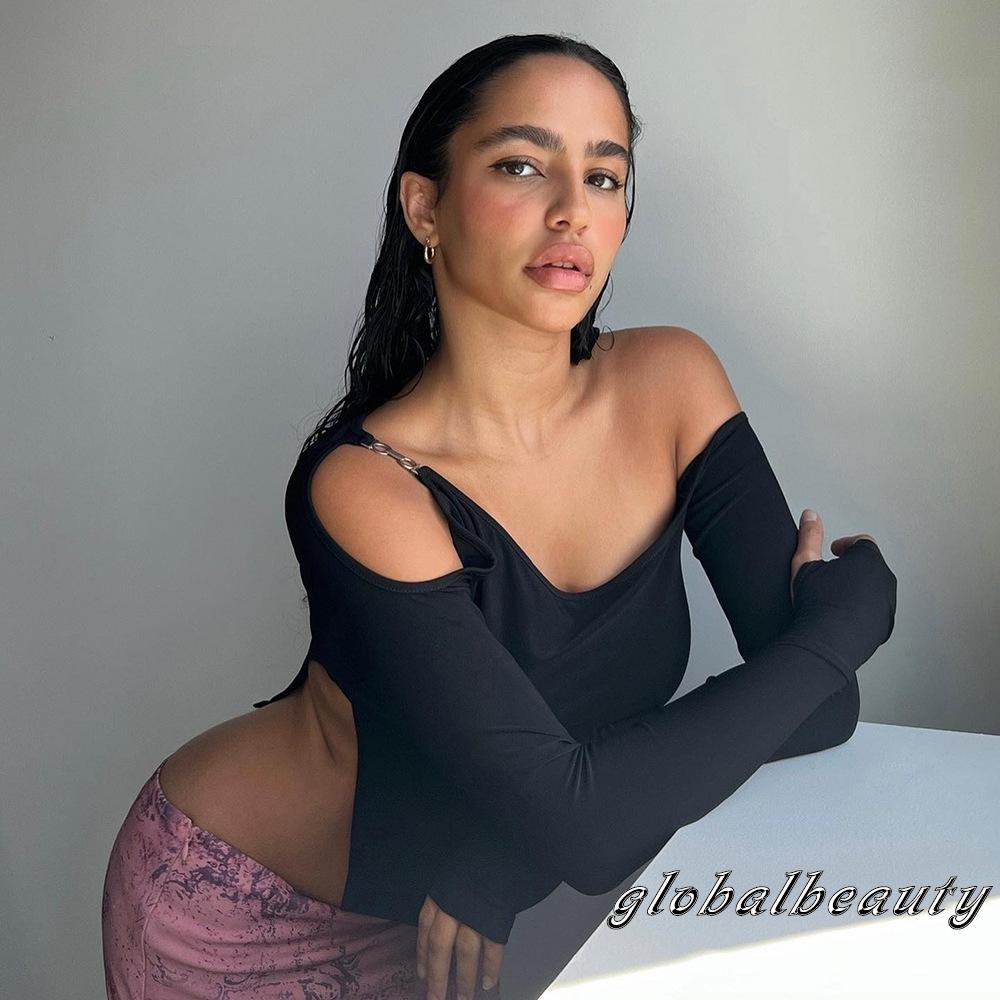 Áo Croptop Trễ Vai Tay Dài Màu Trơn Thời Trang Xuân Thu Dành Cho Nữ